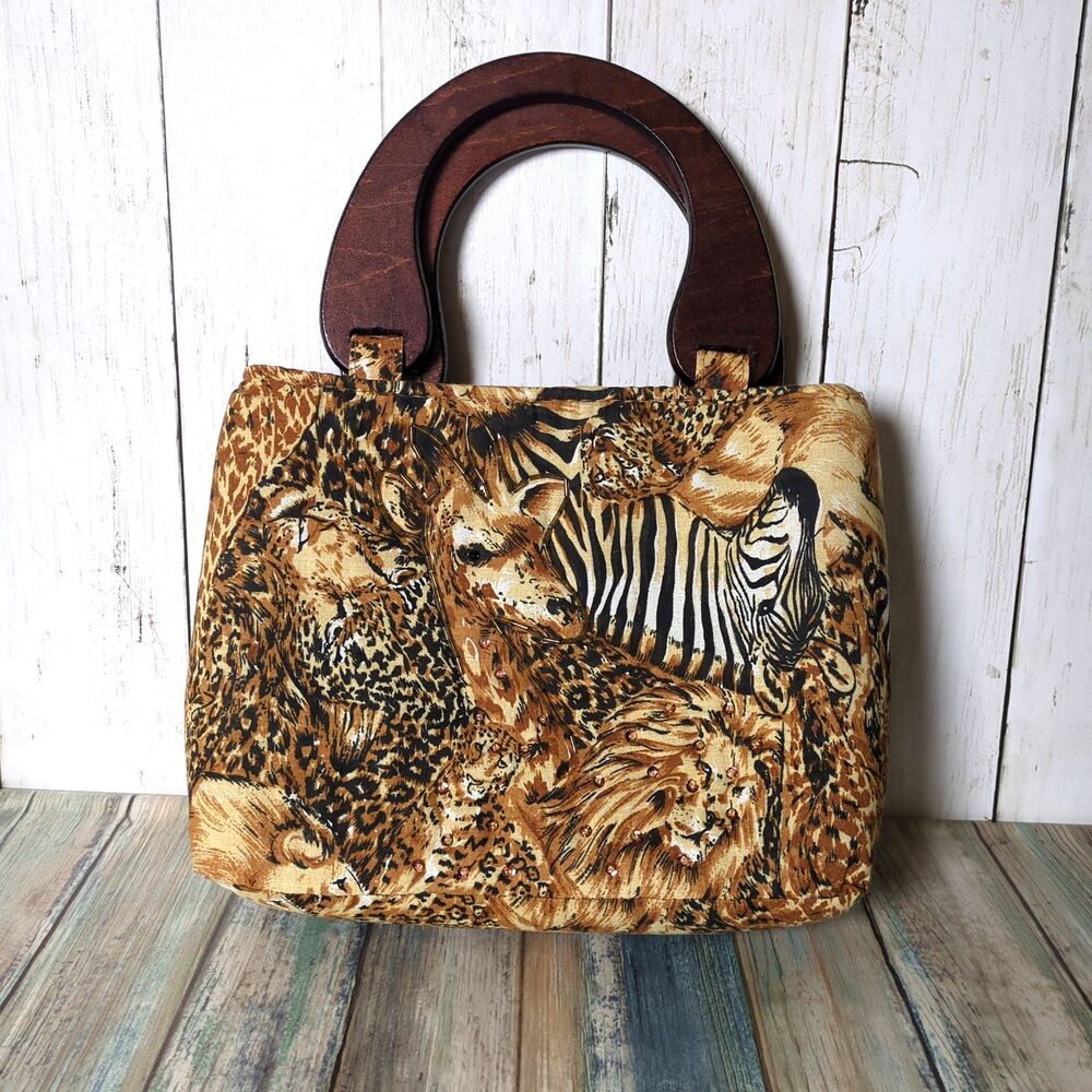 Vintage Safari Animal Print Beaded Handbag Purse Wood Handle Zebra Lion